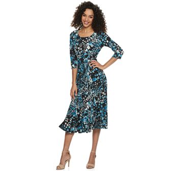 Women's Nina Leonard Belted 3/4 Sleeve Print Midi Dress