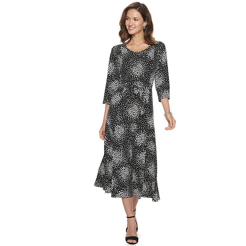 Women's Nina Leonard Belted 3/4 Sleeve Print Midi Dress, 