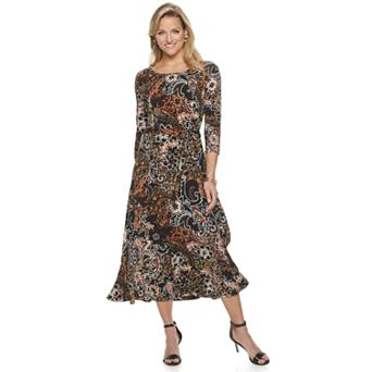 Women's Nina Leonard Belted 3/4 Sleeve Print Midi Dress