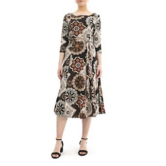 Women's Nina Leonard Belted 3/4 Sleeve Print Midi Dress