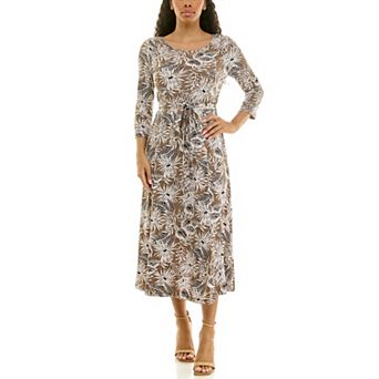 Women's Nina Leonard Belted 3/4 Sleeve Print Midi Dress