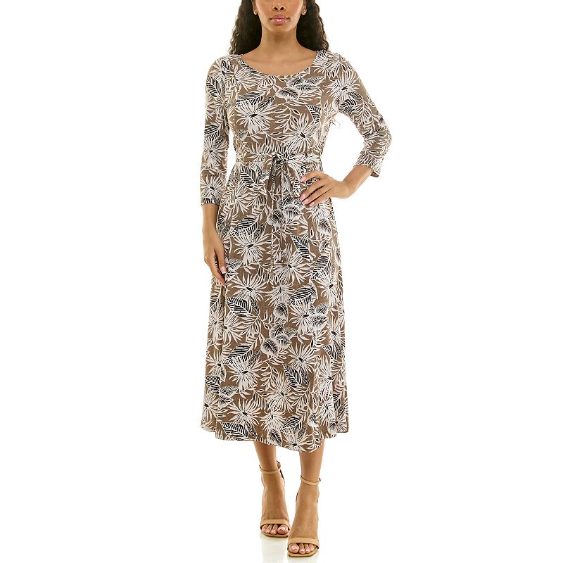 Women's Nina Leonard Belted 3/4 Sleeve Print Midi Dress, 