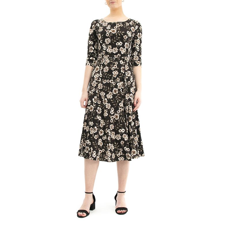 Women's Nina Leonard Belted 3/4 Sleeve Print Midi Dress,