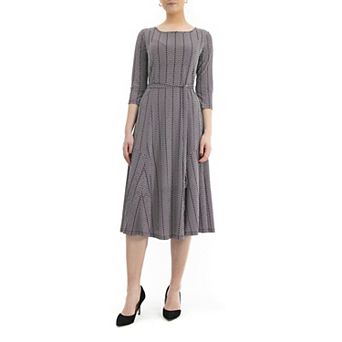 Women's Nina Leonard Belted 3/4 Sleeve Print Midi Dress