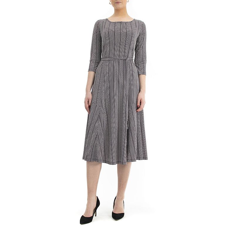 Women's Nina Leonard Belted 3/4 Sleeve Print Midi Dress, 