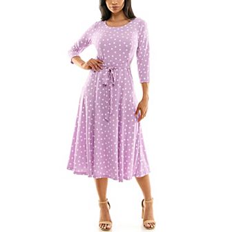 Women's Nina Leonard Belted 3/4 Sleeve Print Midi Dress