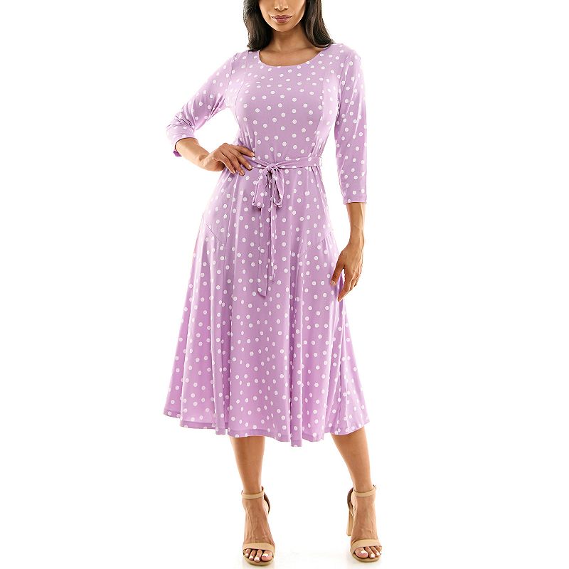 Women's Nina Leonard Belted 3/4 Sleeve Print Midi Dress, 