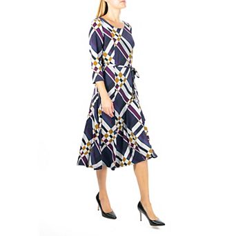 Women's Nina Leonard Belted 3/4 Sleeve Print Midi Dress