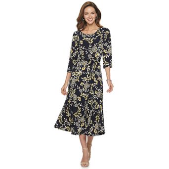 Women's Nina Leonard Belted 3/4 Sleeve Print Midi Dress