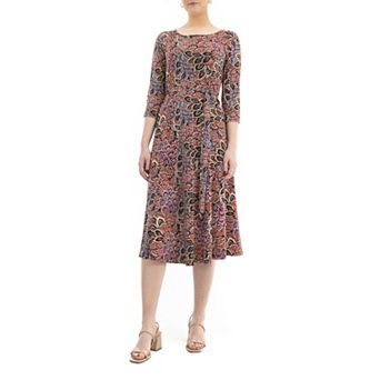 Women's Nina Leonard Belted 3/4 Sleeve Print Midi Dress