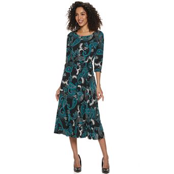 Women's Nina Leonard Belted 3/4 Sleeve Print Midi Dress