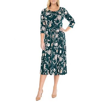 Women's Nina Leonard Belted 3/4 Sleeve Print Midi Dress