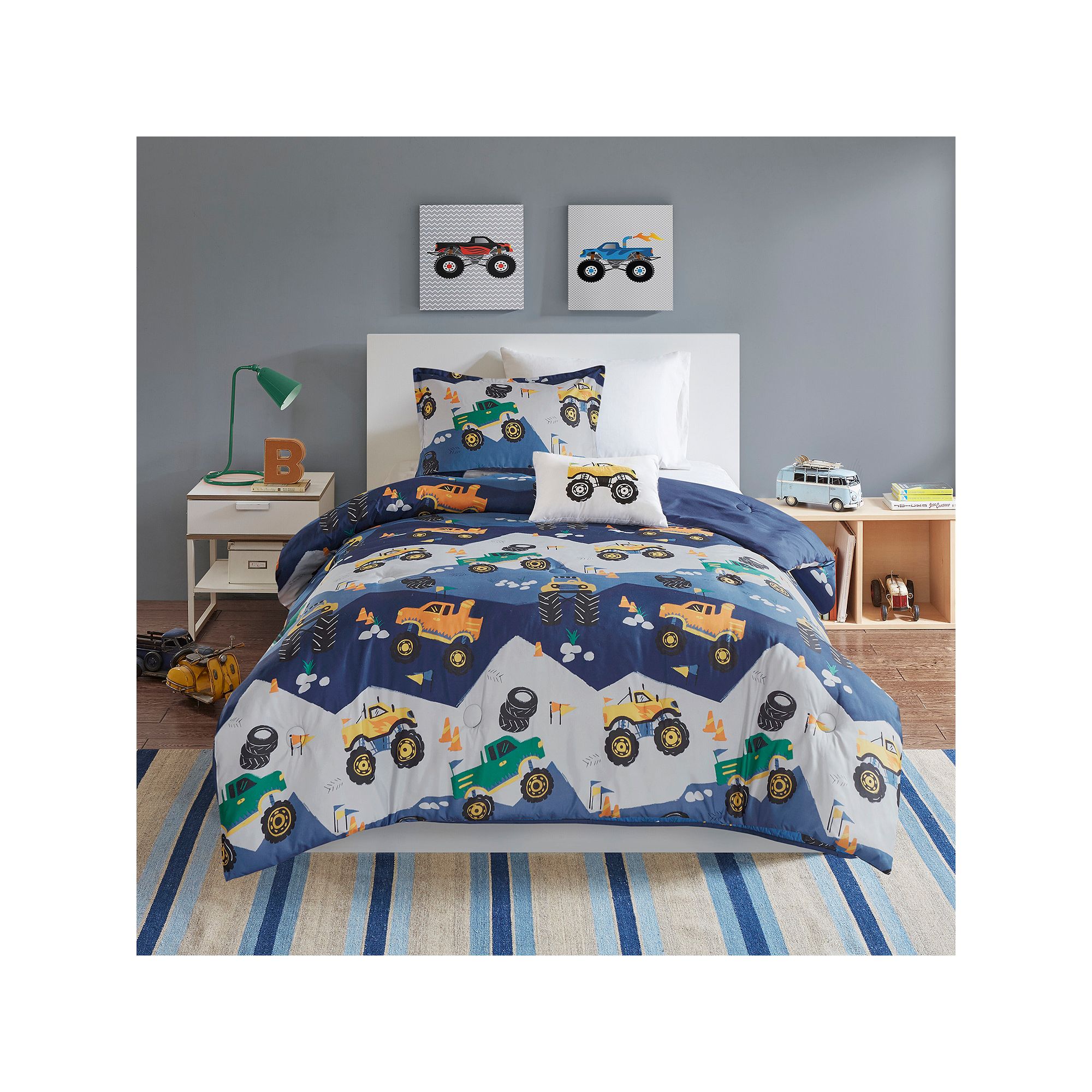 Intelligent Design Gavin Monster Truck Comforter Set with Throw Pillow, Blu