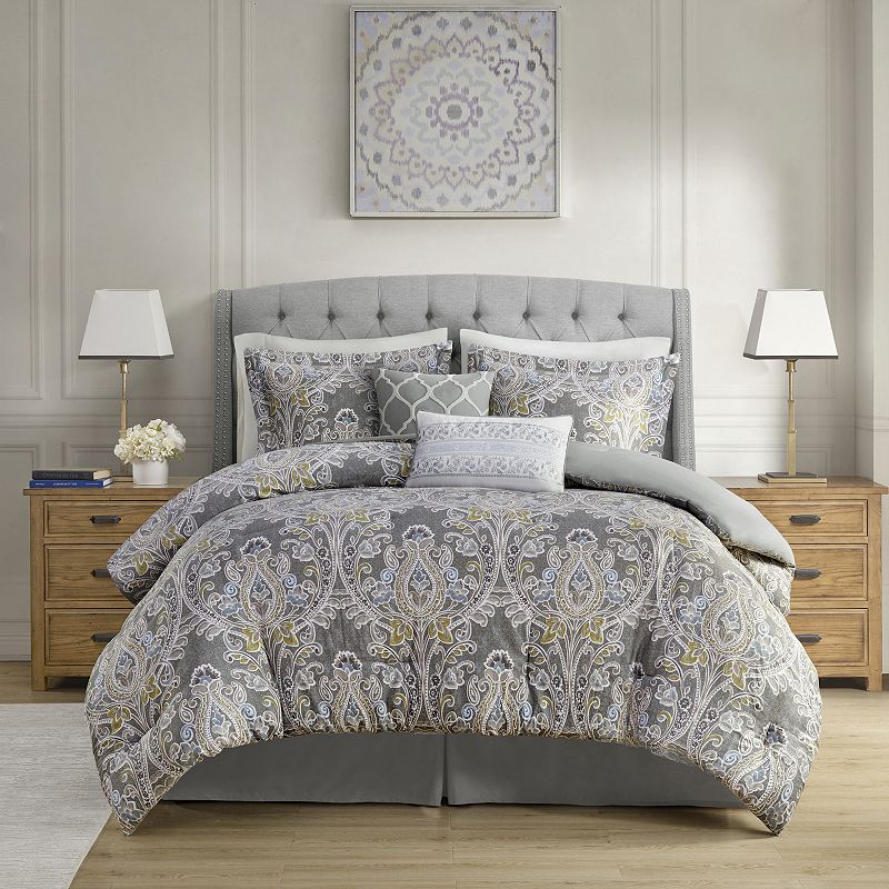 Harbor House Hallie Cotton Comforter Set with Throw Pillows, Grey, Full