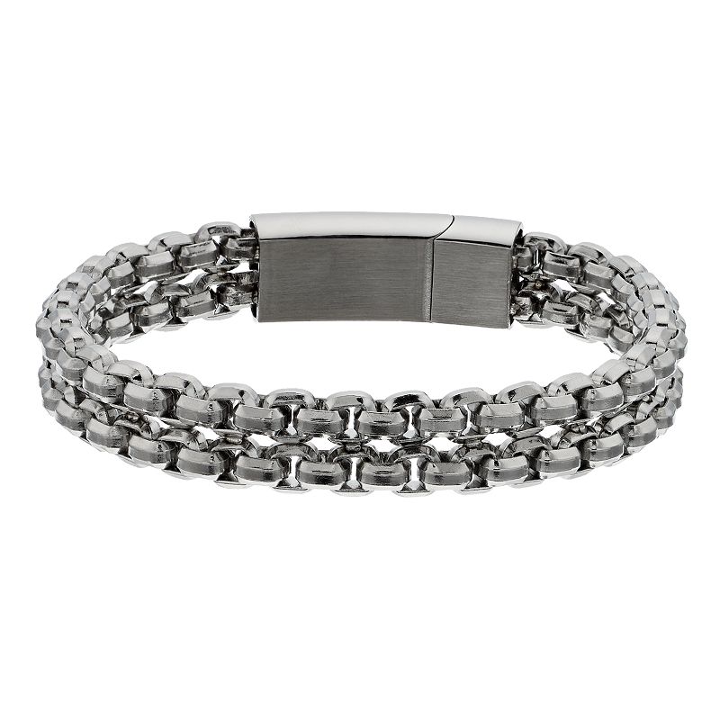 Mens Double Strand Stainless Steel Chain Bracelet, Size: 8.5, Silver