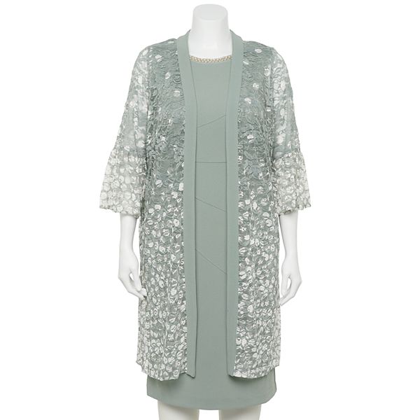 Plus Size Maya Brooke Embellished Lace Duster Coat & Dress Set