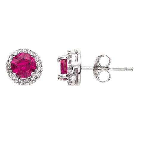 RADIANT GEM Sterling Silver LabCreated Gemstone Halo Stud Earrings