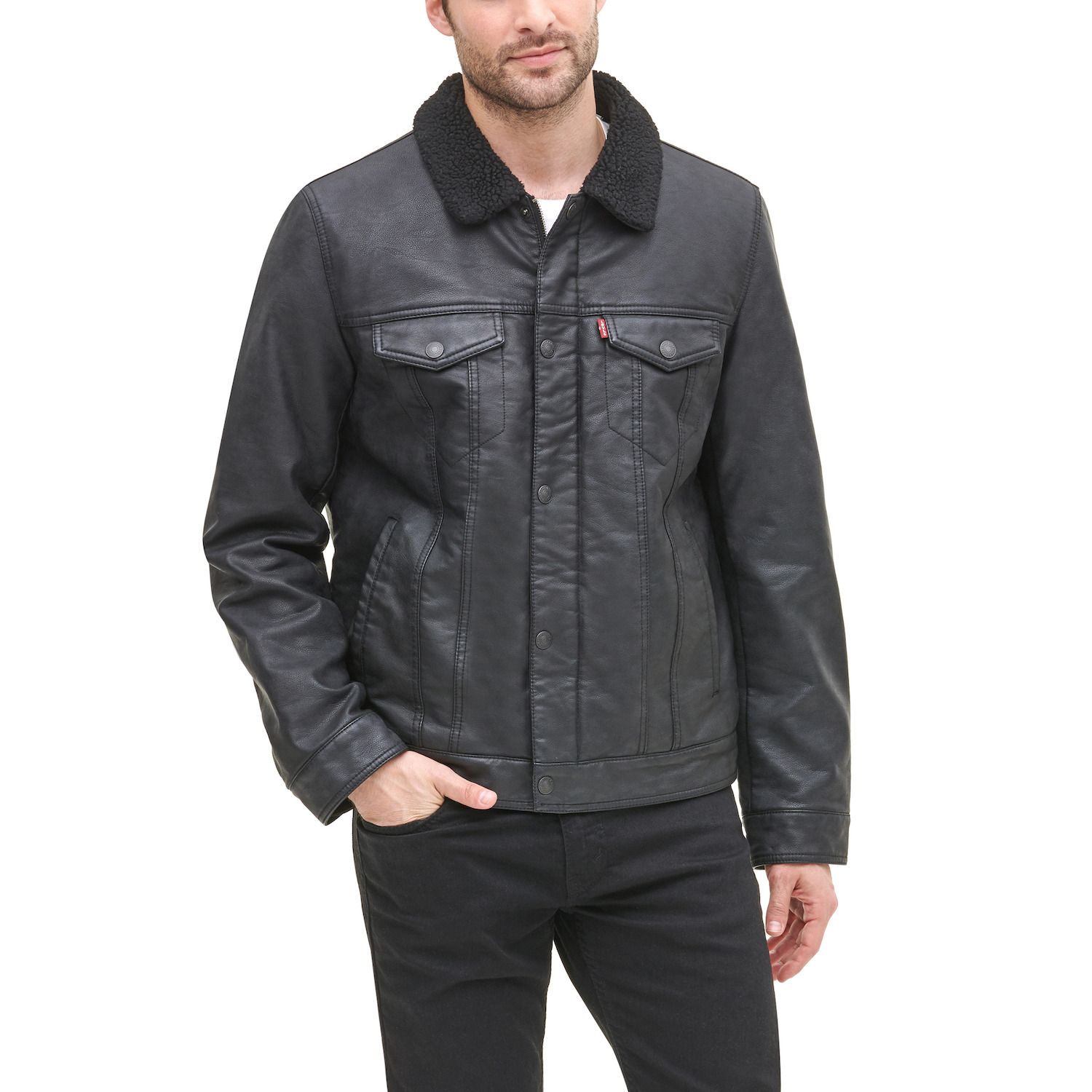 Faux-Leather Sherpa-Lined Trucker Jacket