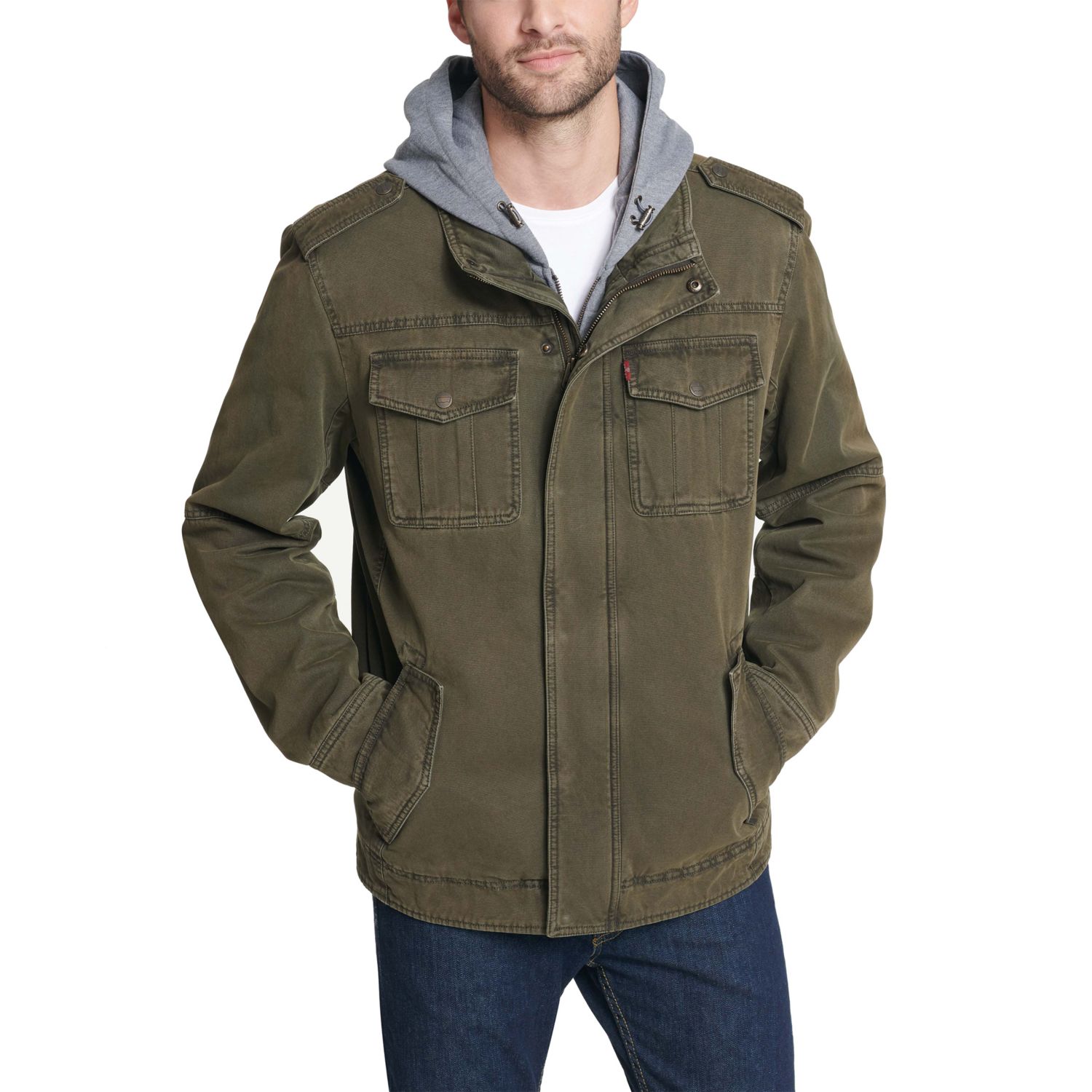 Sherpa-Lined Hooded Military Trucker Jacket
