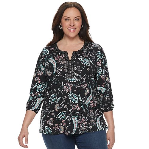 Plus Size Croft & Barrow® Embellished Splitneck Top