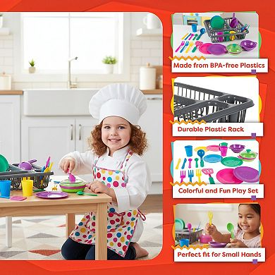 Girls Hey! Play! Kids Play Dish Set, 27 Piece Tableware Dish Set with Dish Drainer ? For Kitchen Playset and Pretend Food, Toys for Boys and Girls by Hey! Play!