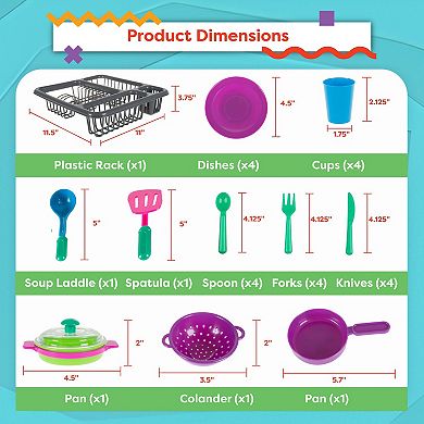 Girls Hey! Play! Kids Play Dish Set, 27 Piece Tableware Dish Set with Dish Drainer ? For Kitchen Playset and Pretend Food, Toys for Boys and Girls by Hey! Play!