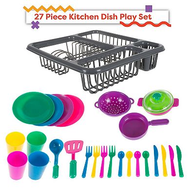 Girls Hey! Play! Kids Play Dish Set, 27 Piece Tableware Dish Set with Dish Drainer ? For Kitchen Playset and Pretend Food, Toys for Boys and Girls by Hey! Play!