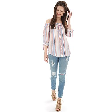 Juniors' IZ Byer Off-the-Shoulder Button-Down Top