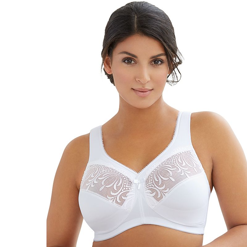 Glamorise Bra: MagicLift Embroidered Full-Figure Bra 1016 - Women's, Size: 56H, White Embroidery and micro-denier fabric combine for a luxurious look and feel in this women's Glamorise MagicLift bra.<img src=https://media.kohlsimg.com/is/image/kohls/Find_My_Size?wid=265&hei=44 alt= Find My Bra Size /> Full coverage Wide adjustable shoulder straps Wire free Back hook & eye closure Style no. 1016 FIT & SIZING 3 hooks: 34-40 B, C, D, DD, F, G, H, I 4 hooks: 42-50 B; 42 -56 C, D, DD, F, G, H, I FABRIC & CARE Nylon, polyester, spandex Machine wash Imported  Size: 56H. Color: White. Gender: female. Age Group: adult. Pattern: embroidered.