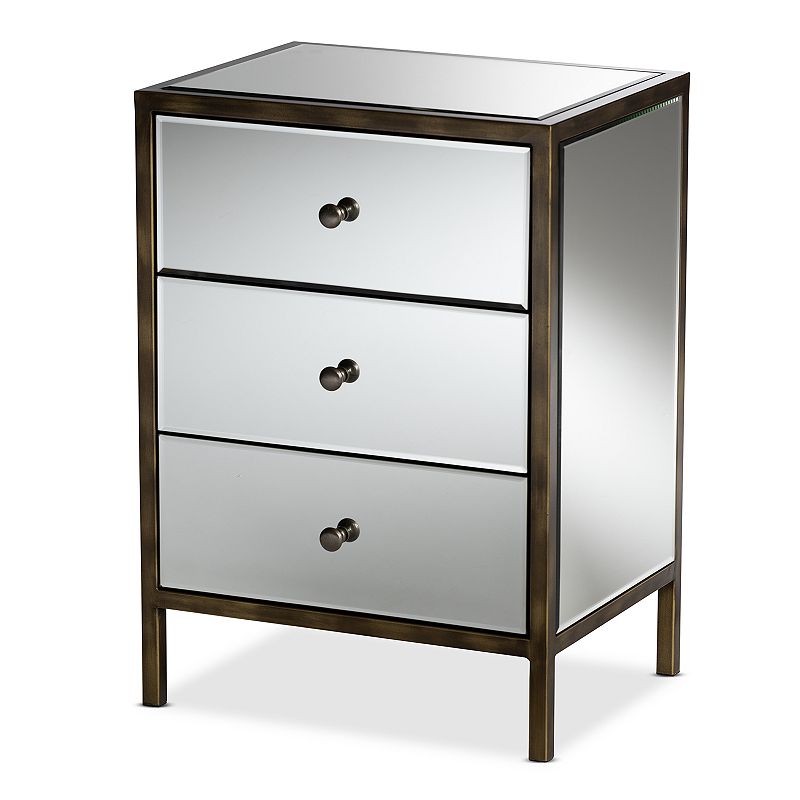Nouria Mirrored 3 Drawer Nightstand Bedside Table Silver - BaxtonStudio, Gray