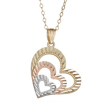 Tri Tone 10K Gold Multi Heart Pendant