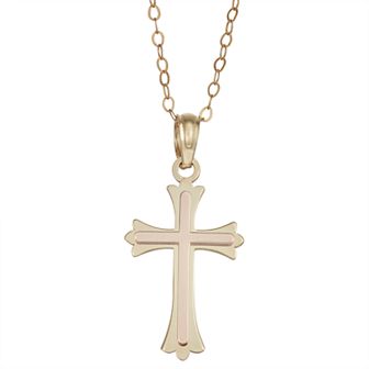 Two Tone 10K Gold Cross Pendant Necklace