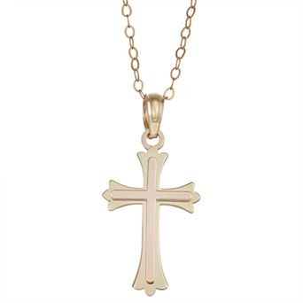 Two Tone 10K Gold Cross Pendant Necklace