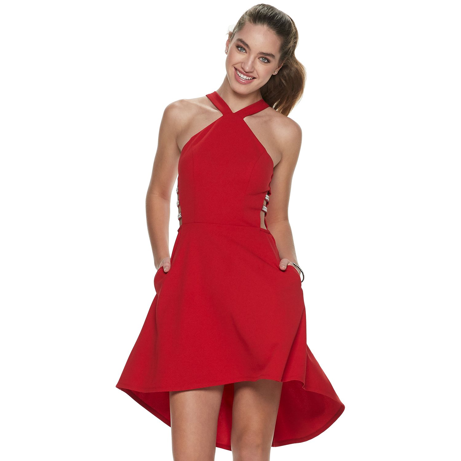 red high neck fit and flare style dress