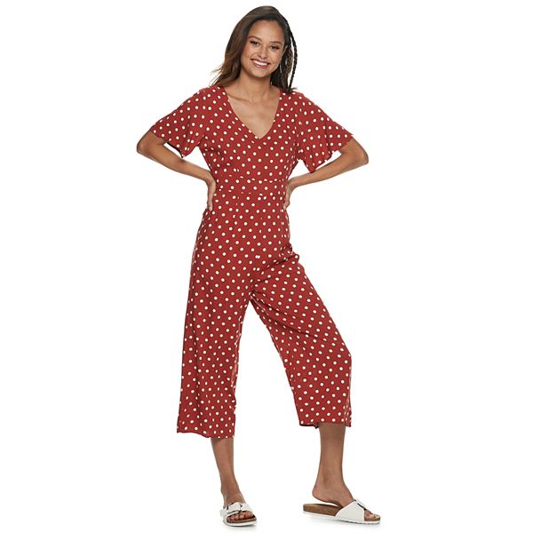 Juniors Almost Famous Flutter Sleeve Polka Dot Jumpsuit