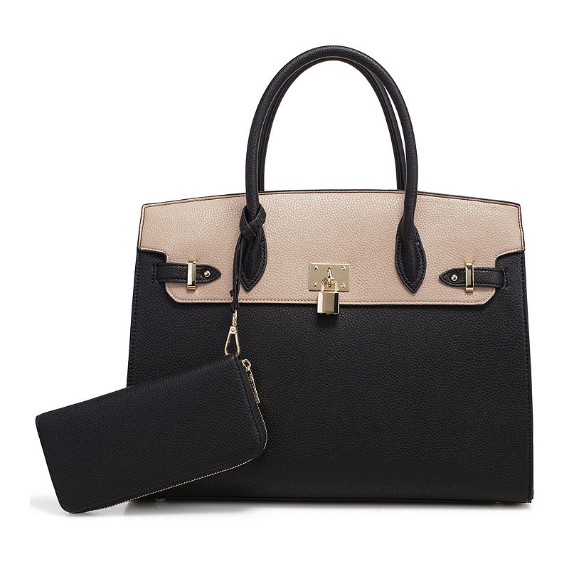 Deluxity Large Satchel with Matching Wallet, Black