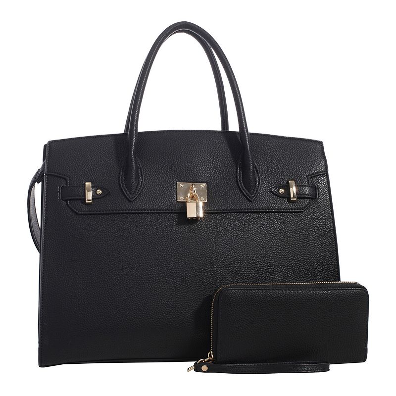 Deluxity Large Satchel with Matching Wallet, Black