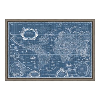 Amanti Art Blueprint World Map Canvas Framed Wall Art