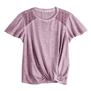 Juniors' Rewind Crochet Shoulder Twist-Front Tee