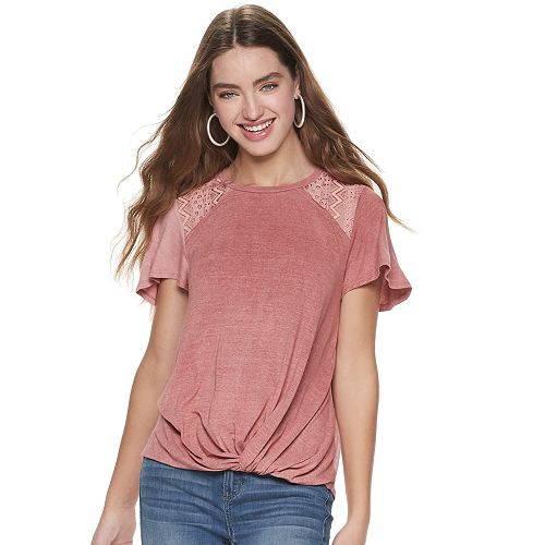 Juniors Rewind Crochet Shoulder Twist Front Tee