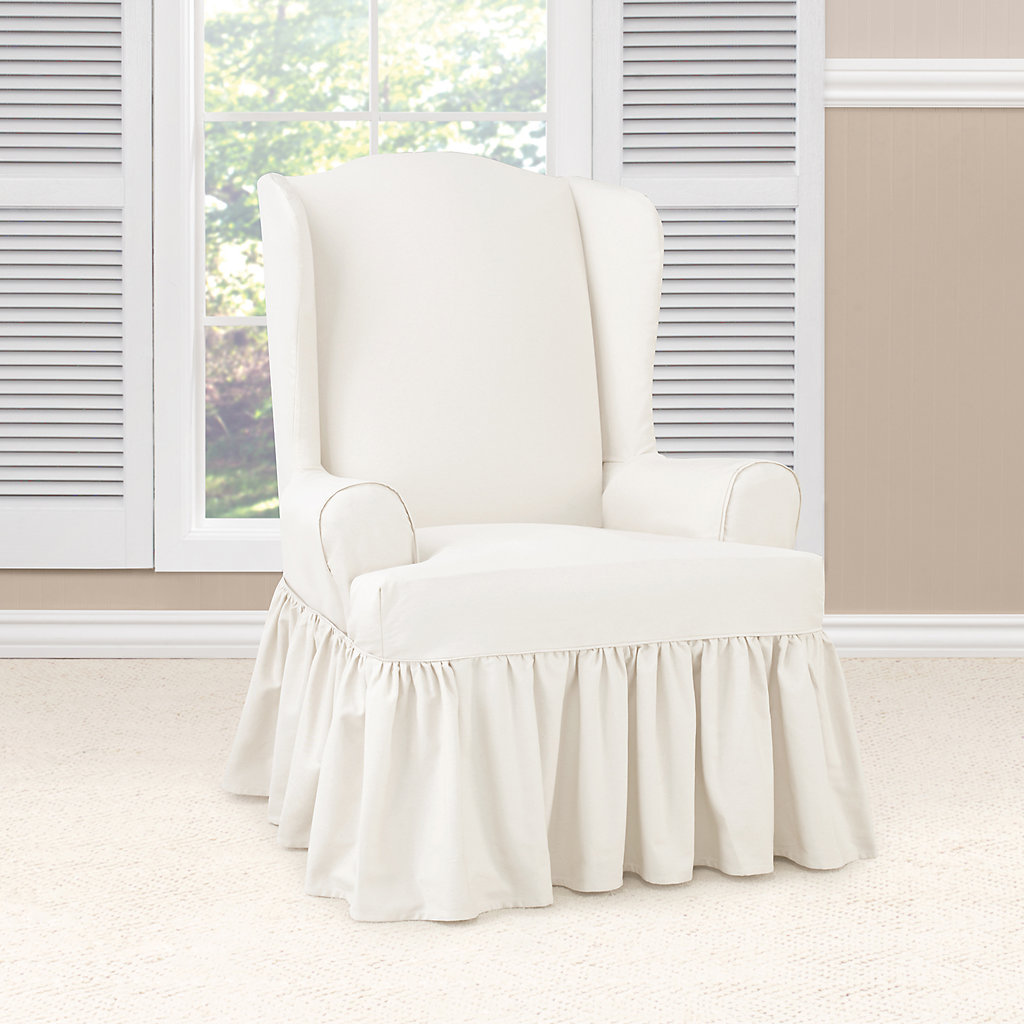 White SureFit Slipcover with Scotchgard Wing Chair Cotton 