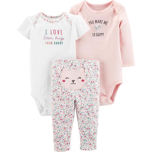 Baby Girl Carter's 3 Piece "Happy" Floral & Heart Bodysuits & Pants Set