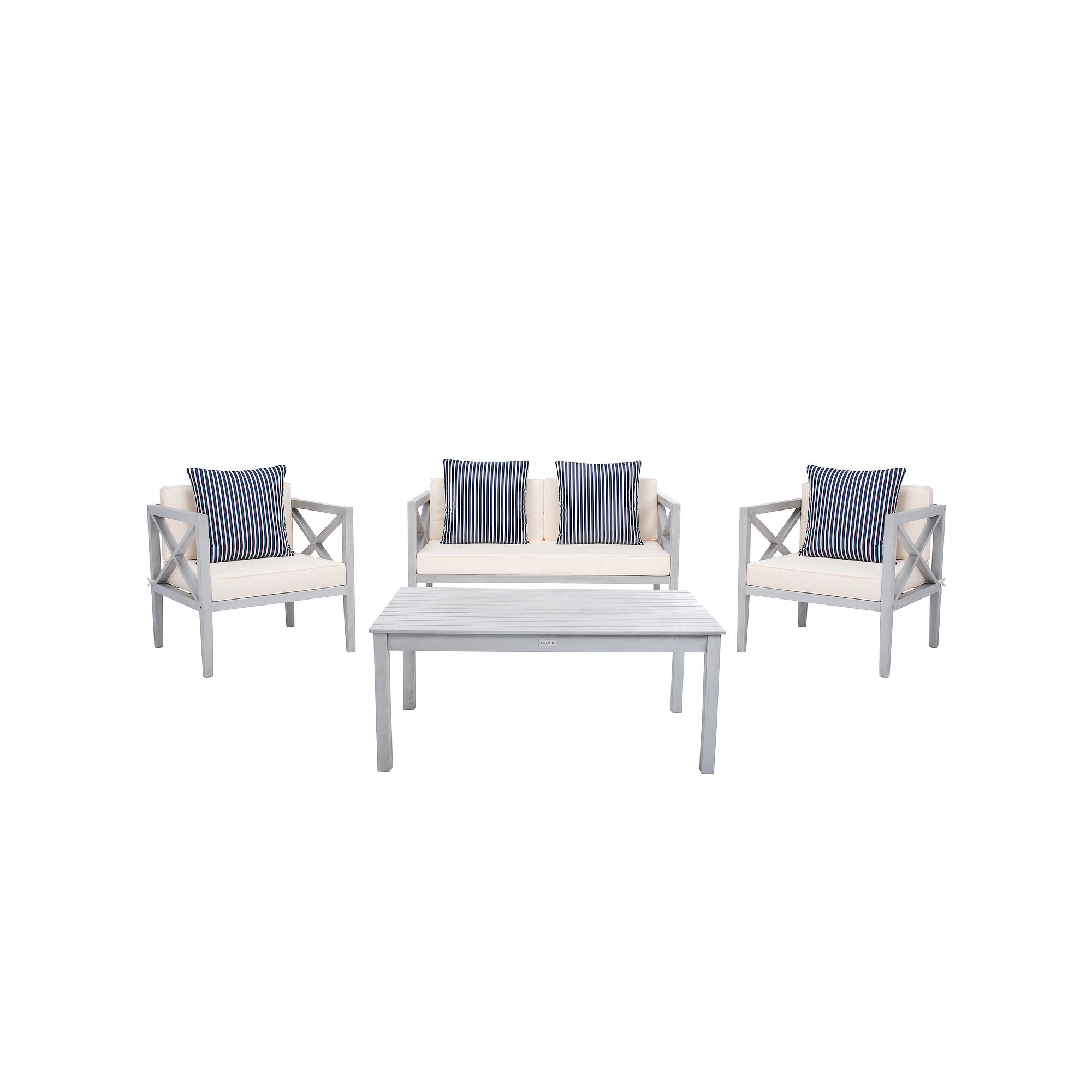 Safavieh Nunzio 4 Piece Outdoor Set With Accent Pillows, White Beige Blue