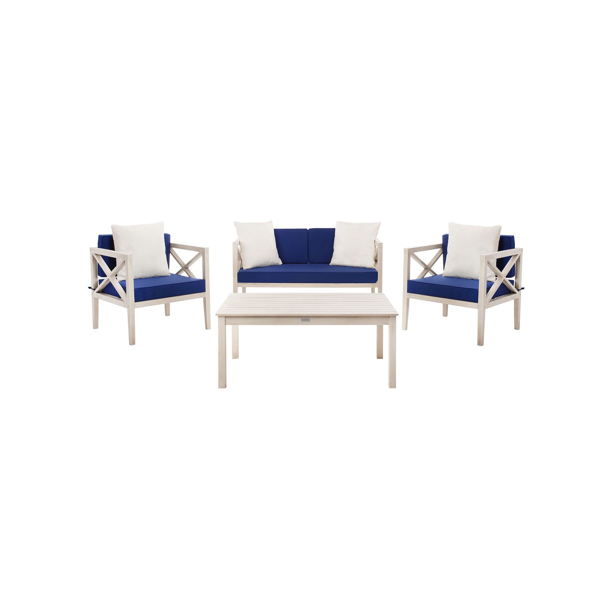Safavieh Nunzio 4 Piece Outdoor Set With Accent Pillows, White Navy