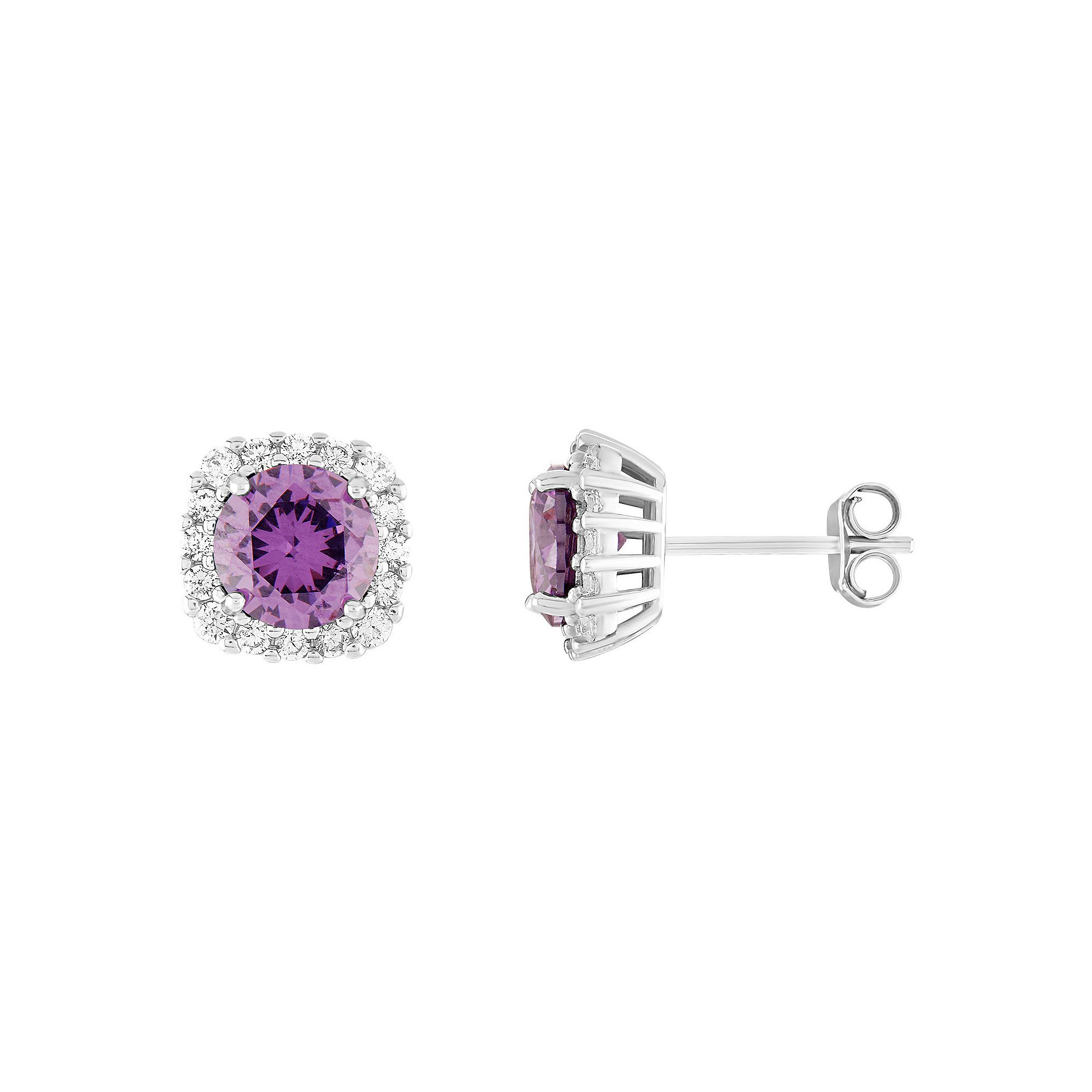 PRIMROSE Sterling Silver Cubic Zirconia Halo Stud Earrings, Womens, Februa