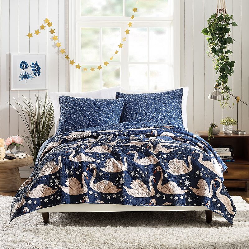Makers Collective Hello! Lucky Swanning Around Quilt Set, Blue, Full/Queen