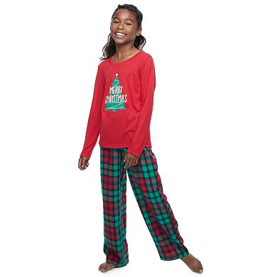 Girls 7-16 Jammies For Your Families Red Plaid Merry Christmas Family Crew Neck Tee and Flannel Pants Pajama Set
