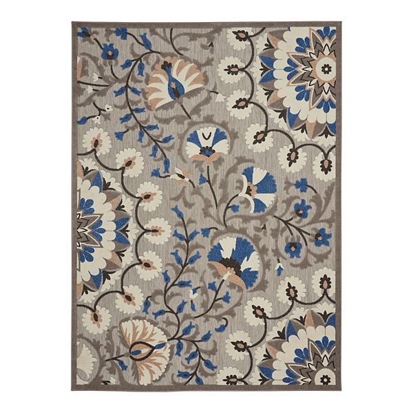 Nourison Aloha Floral Easy Care Flatweave High-Low Indoor Outdoor Area Rug Grey/Multi 5'3" x 7'5"