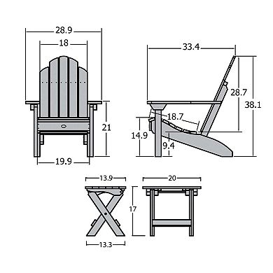 Highwood USA Set of 2 Classic Westport Adirondack Chairs with Folding Side Table