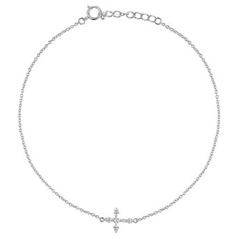 PRIMROSE Sterling Silver Cubic Zirconia Sideways Cross Anklet
